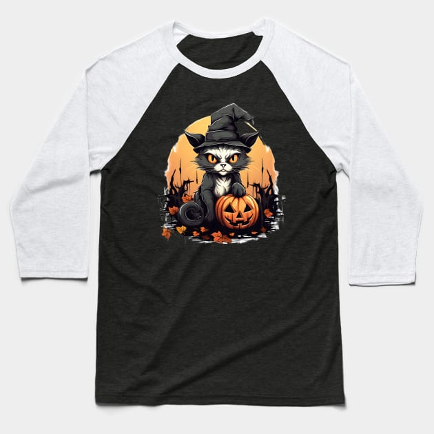 Angry Cat Funny Hallowen Spooky Gift Baseball T-Shirt by Merchweaver